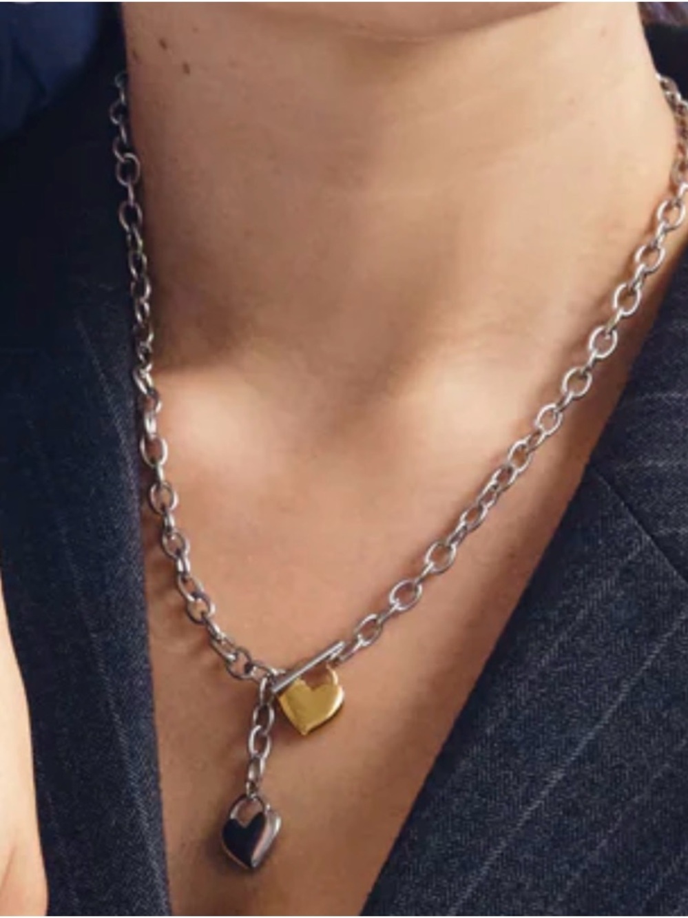 Two-Tone Heart Toggle Necklace - Gold & Silver